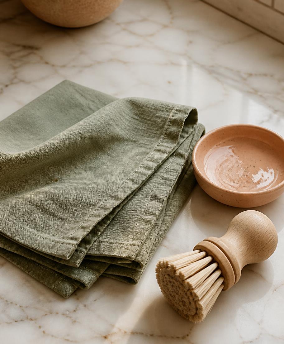 A folded sage cloth and brush on a clean marble surface